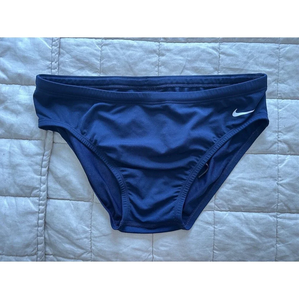 Nike Men's Navy Swimsuit Size 34 Speedo Style Brief Swoosh Drawstring